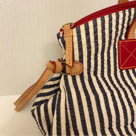Dooney & Bourke 1975 Blue and White Striped Seersucker Top Handle Satchel Tote - Picture 4 of 10
